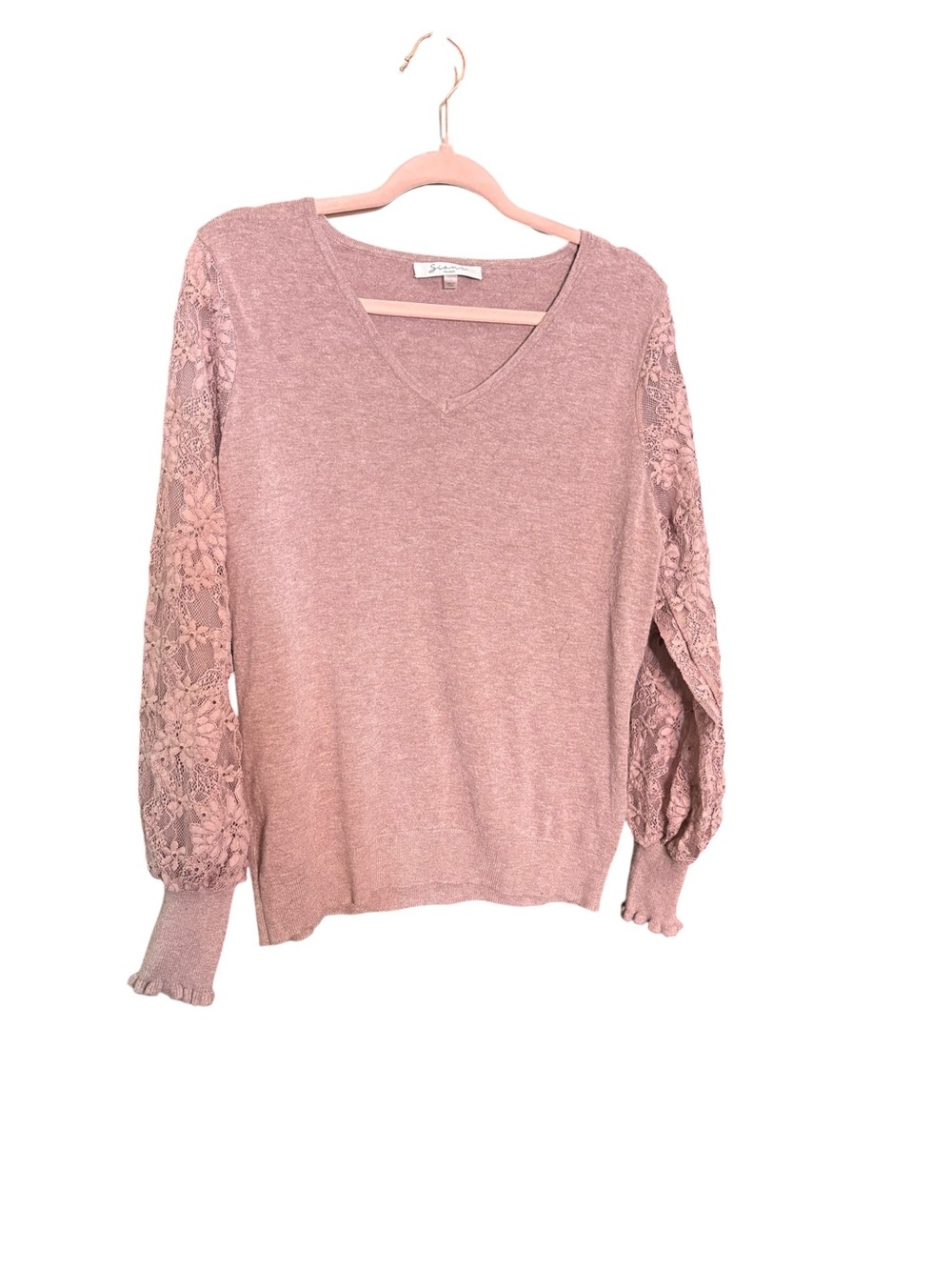 Sioni Fall Everyday Dusty Rose V-Neck Sweater with Lace Balloon Sleeves sz L